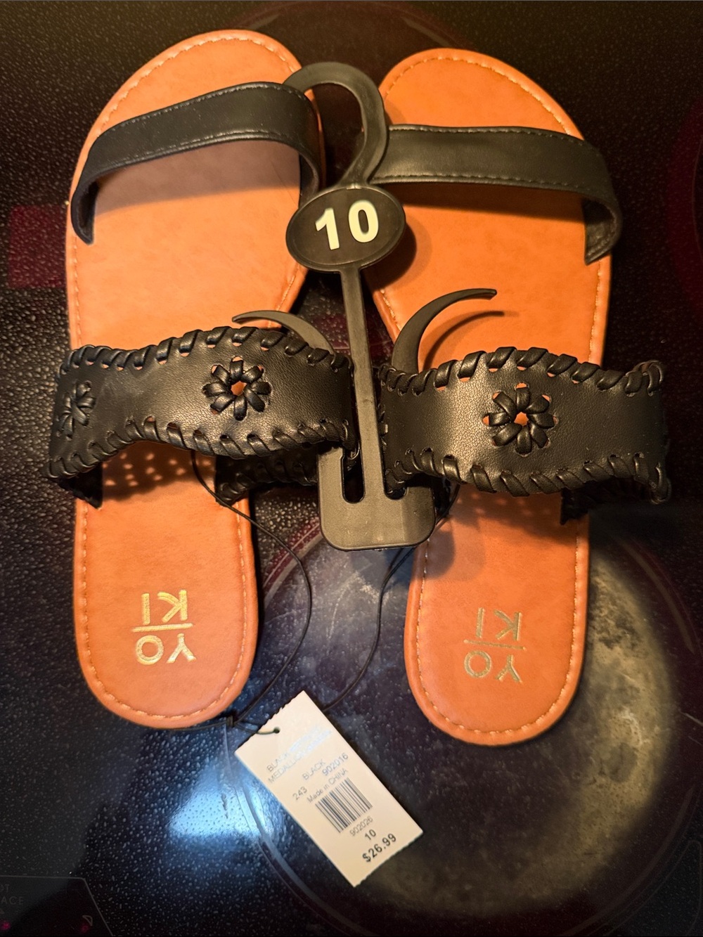 Yoki Black Strap Sandals with Orange Footbed